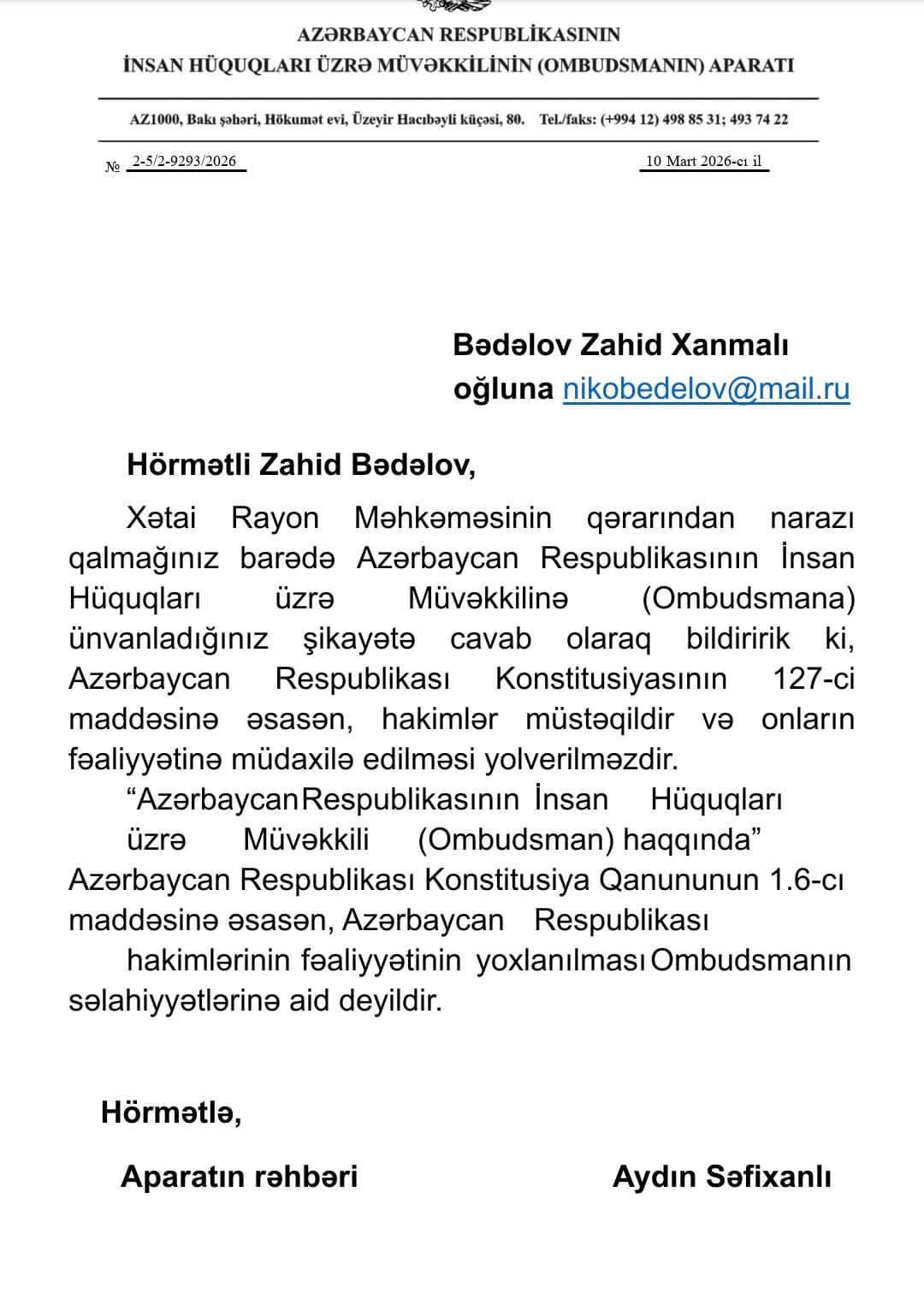 DSMF  düz hesablamır, məhkəmə yalnız  hakimlərin pensiyalarını bərpa edir