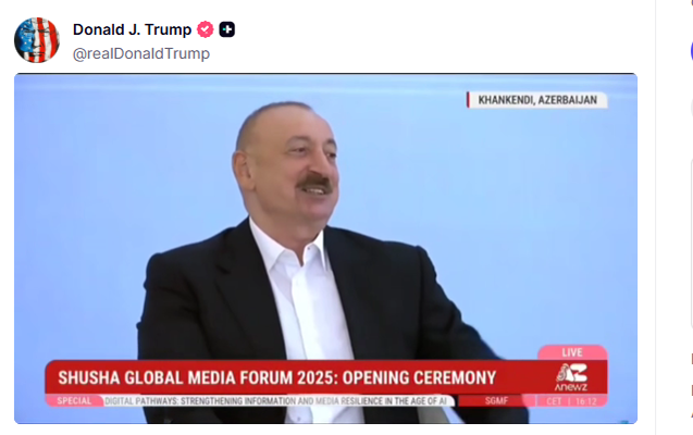 Tramp İlham Əliyevin çıxışını paylaşdı - Video